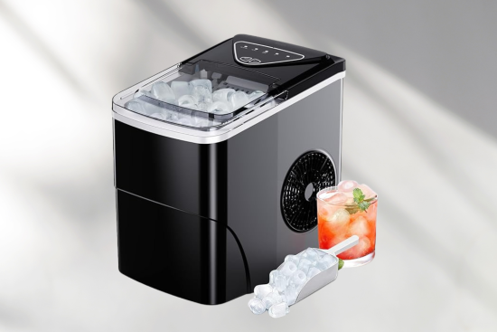 Ice maker with a red iced tea and ice on side on a cool toned background