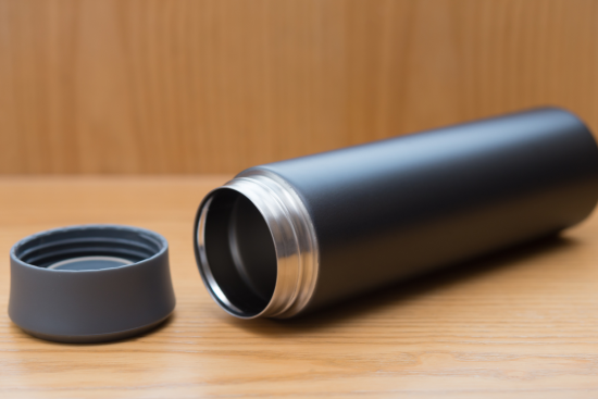 An open gray tumbler on a wooden surface