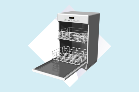 stainless steel dishwasher with empty racks, set in a white background showing reflections