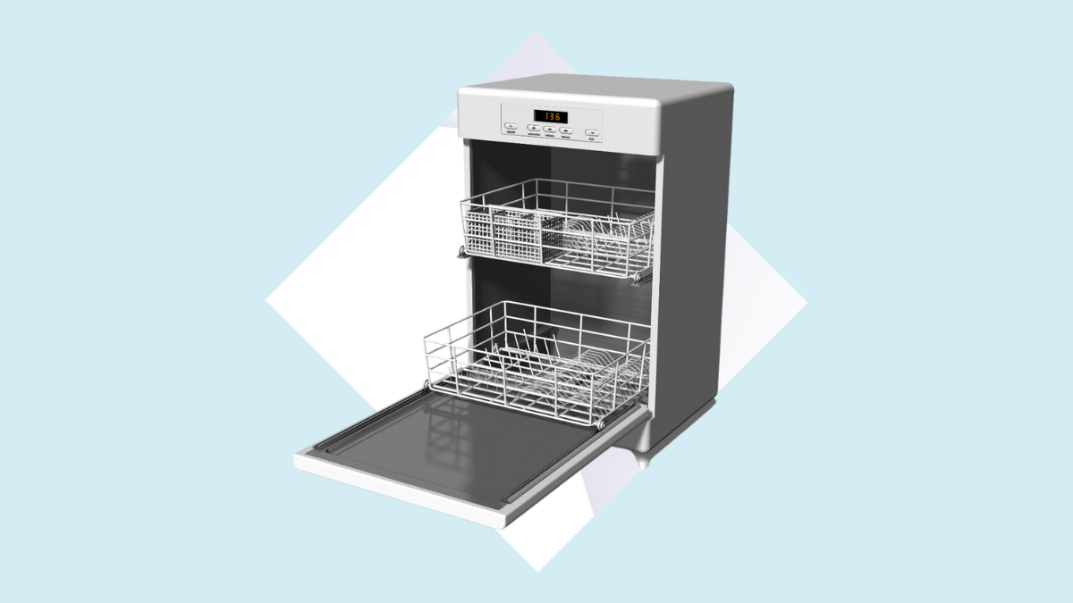 stainless steel dishwasher with empty racks, set in a white background showing reflections