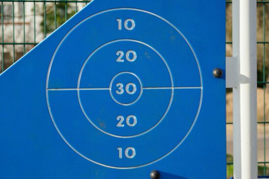 A blue plastic scoring target with concentric rings labeled 10, 20, and 30, mounted on an outdoor play structure.