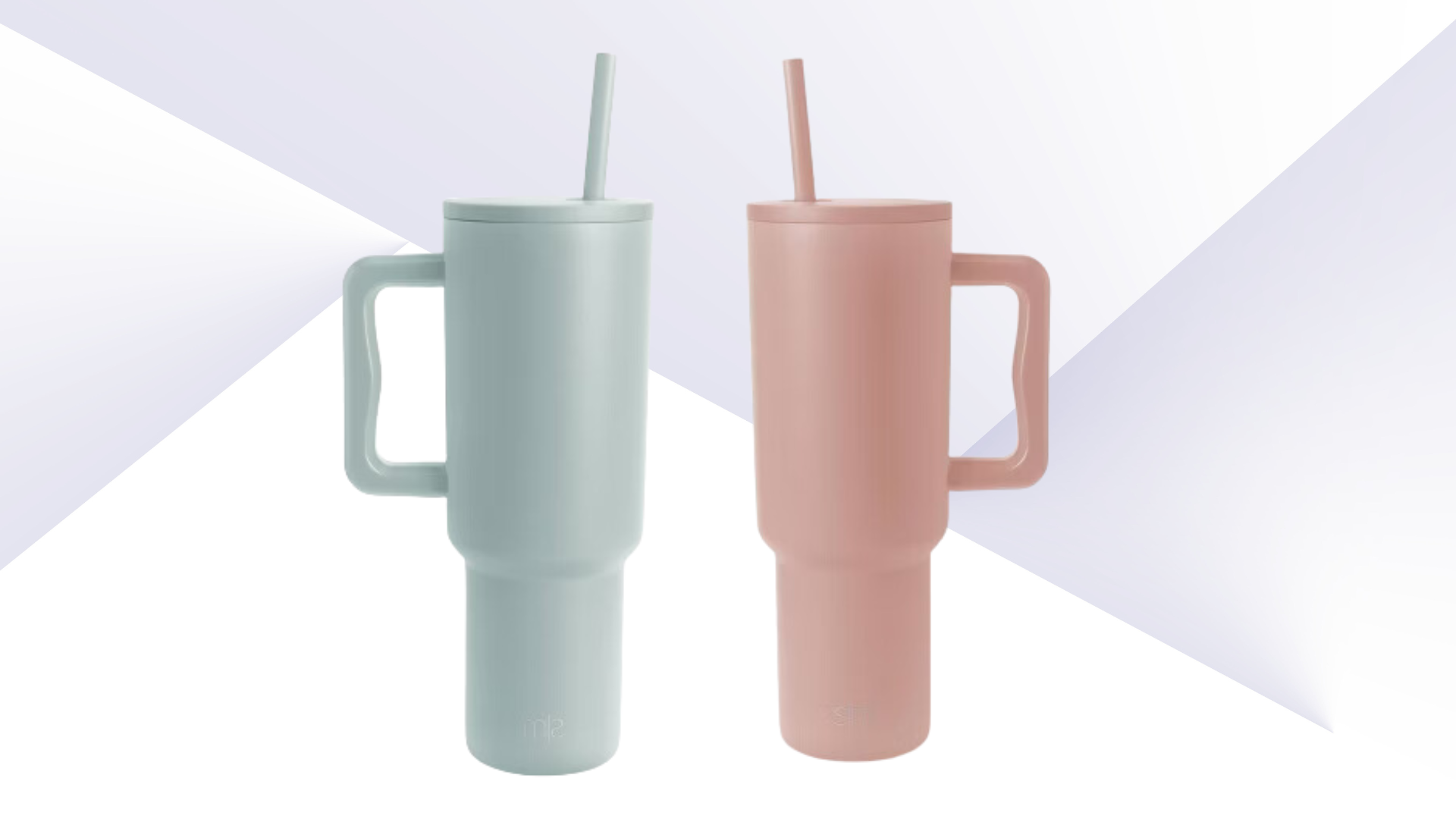 Two tall tumbler cups with handles and straws, one in light blue and the other in light pink, set against a minimalist, geometric background.