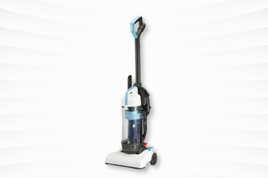 An upright vacuum cleaner with a blue and white design, displayed against a white, curved background.