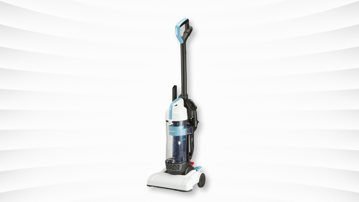 An upright vacuum cleaner with a blue and white design, displayed against a white, curved background.