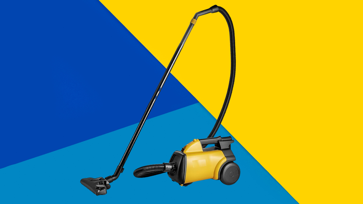 A canister vacuum cleaner with a sleek black and blue design, placed against a vibrant yellow background with geometric patterns