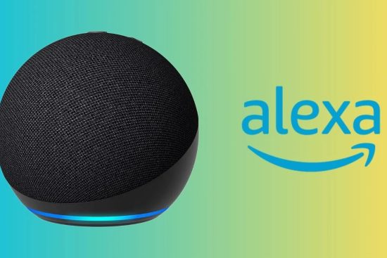 A close-up image of an Amazon Alexa smart speaker, with the Alexa logo on a colorful background. This image represents the voice-controlled device used for finding deals and managing purchases, as part of an Amazon Alexa shopping guide.