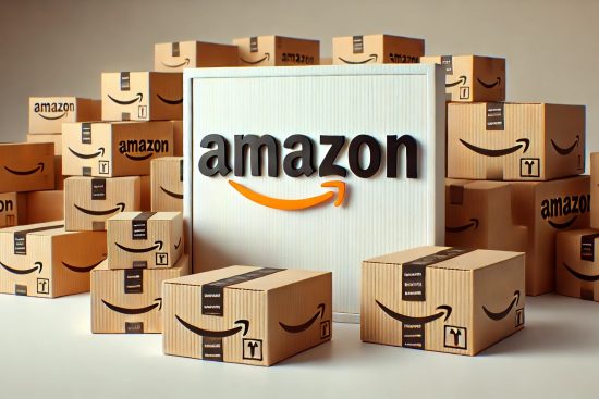 A collection of Amazon delivery boxes stacked together, illustrating the variety of products available. The central Amazon sign highlights the brand, symbolizing convenience and efficiency. This visual is a great representation for learning how to use Amazon to shop for a wide range of items, from small essentials to larger goods.