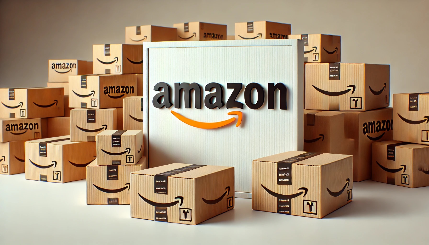 A collection of Amazon delivery boxes stacked together, illustrating the variety of products available. The central Amazon sign highlights the brand, symbolizing convenience and efficiency. This visual is a great representation for learning how to use Amazon to shop for a wide range of items, from small essentials to larger goods.