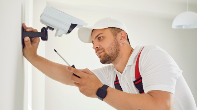 Repair man installing a security camera on a white wall