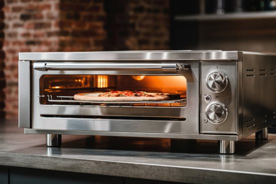 Stainless steel countertop oven baking a pizza, placed on a kitchen counter with an exposed brick wall in the background.