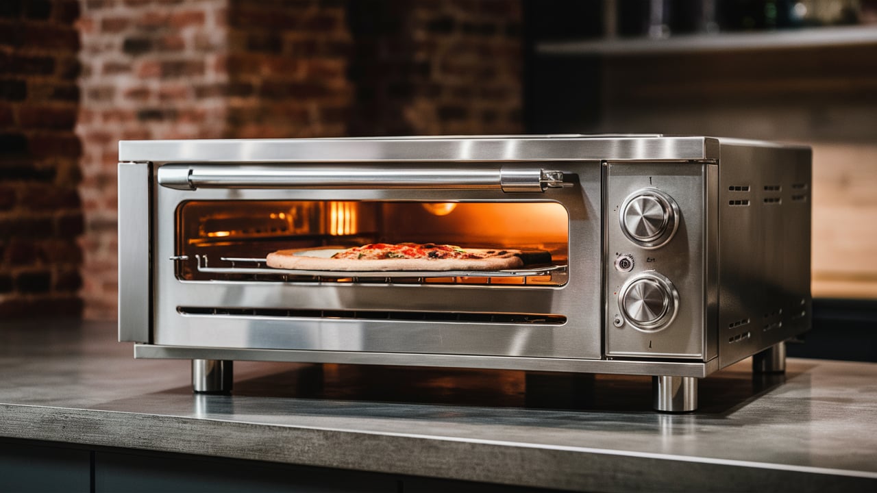 Stainless steel countertop oven baking a pizza, placed on a kitchen counter with an exposed brick wall in the background.