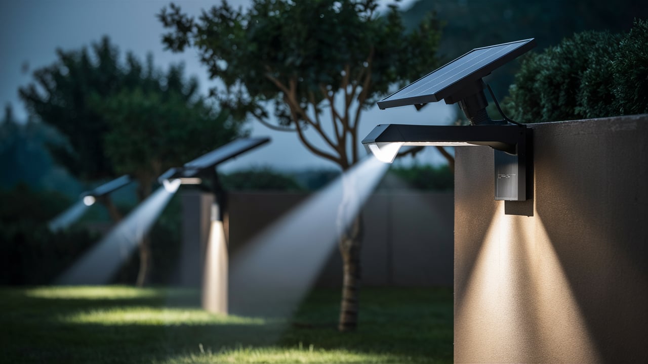 Row of solar-powered LED lights mounted on a garden wall, casting bright beams of light onto the grass at night.