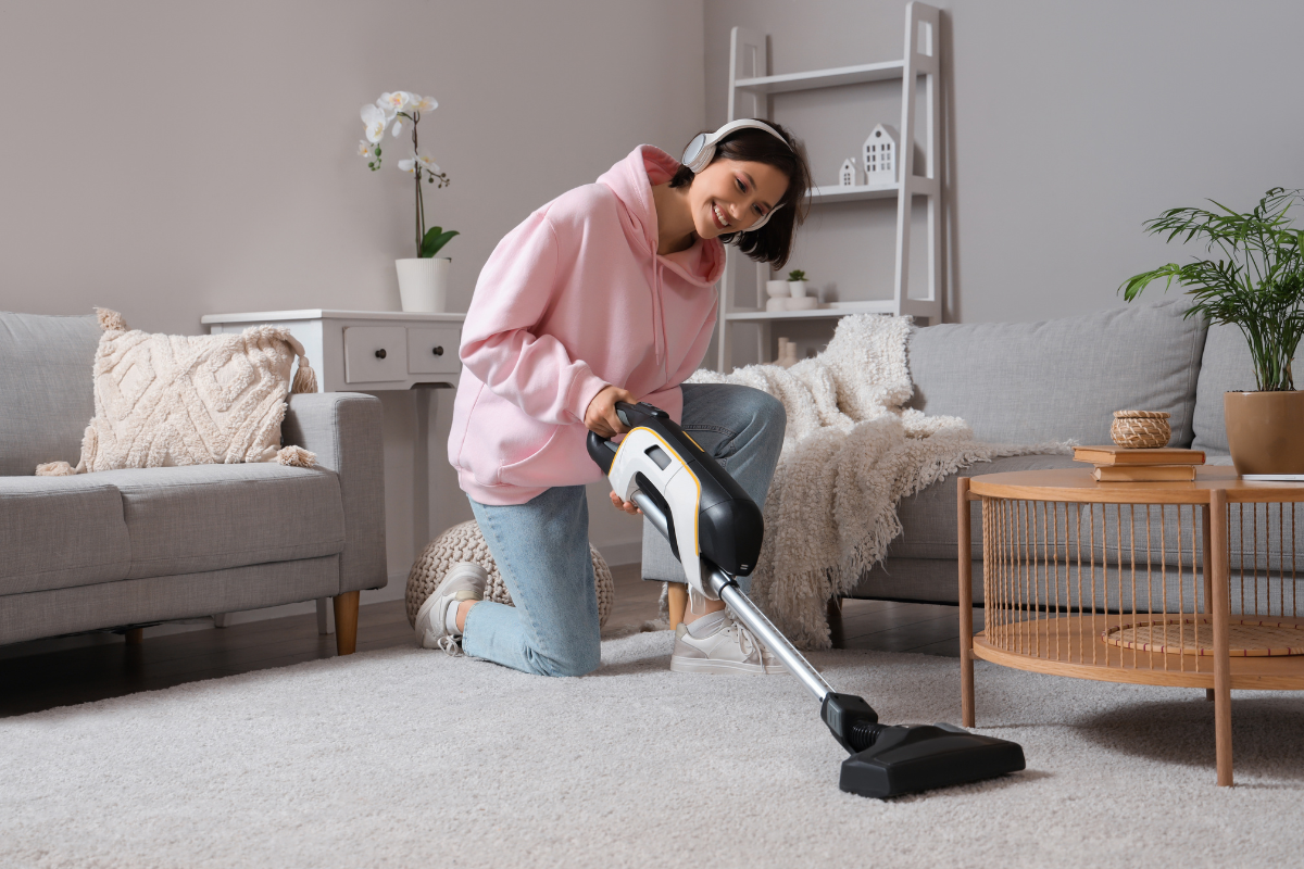 A woman wearing headphones uses a cordless vacuum cleaner to clean the carpet in a cozy living room.