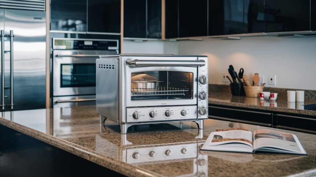 Stainless steel countertop oven on a kitchen island, with a cookbook opened next to it and modern appliances in the background.