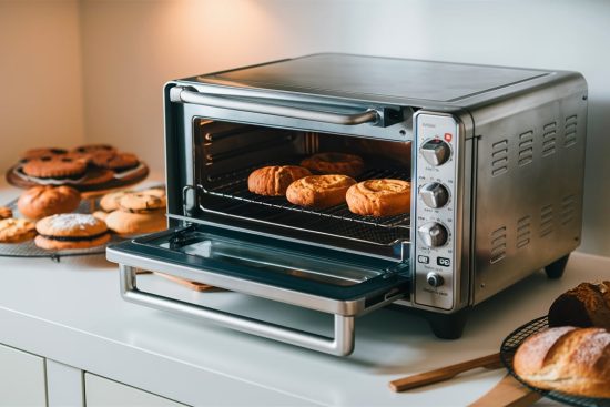 Countertop oven with freshly baked pastries inside, surrounded by cooling racks filled with various types of bread and pastries on a kitchen counter.