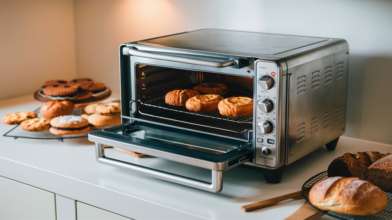 Countertop oven with freshly baked pastries inside, surrounded by cooling racks filled with various types of bread and pastries on a kitchen counter.