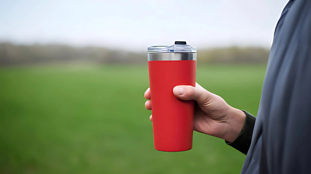 A person holding a red insulated travel tumbler with a clear lid, standing outdoors with a green field in the background.