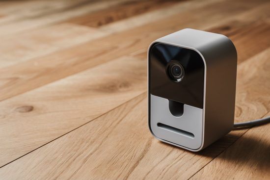 Small smart home security camera placed on a wooden floor, connected with a cable.