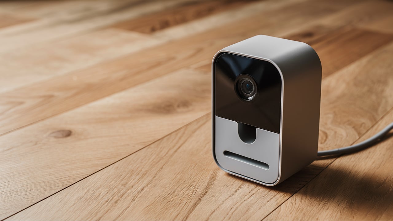 Small smart home security camera placed on a wooden floor, connected with a cable.