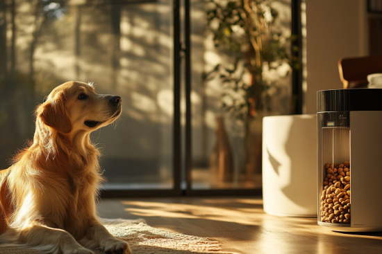 A golden retriever sitting on the floor in a warmly lit living room, looking at an automatic pet feeder filled with dog treats.