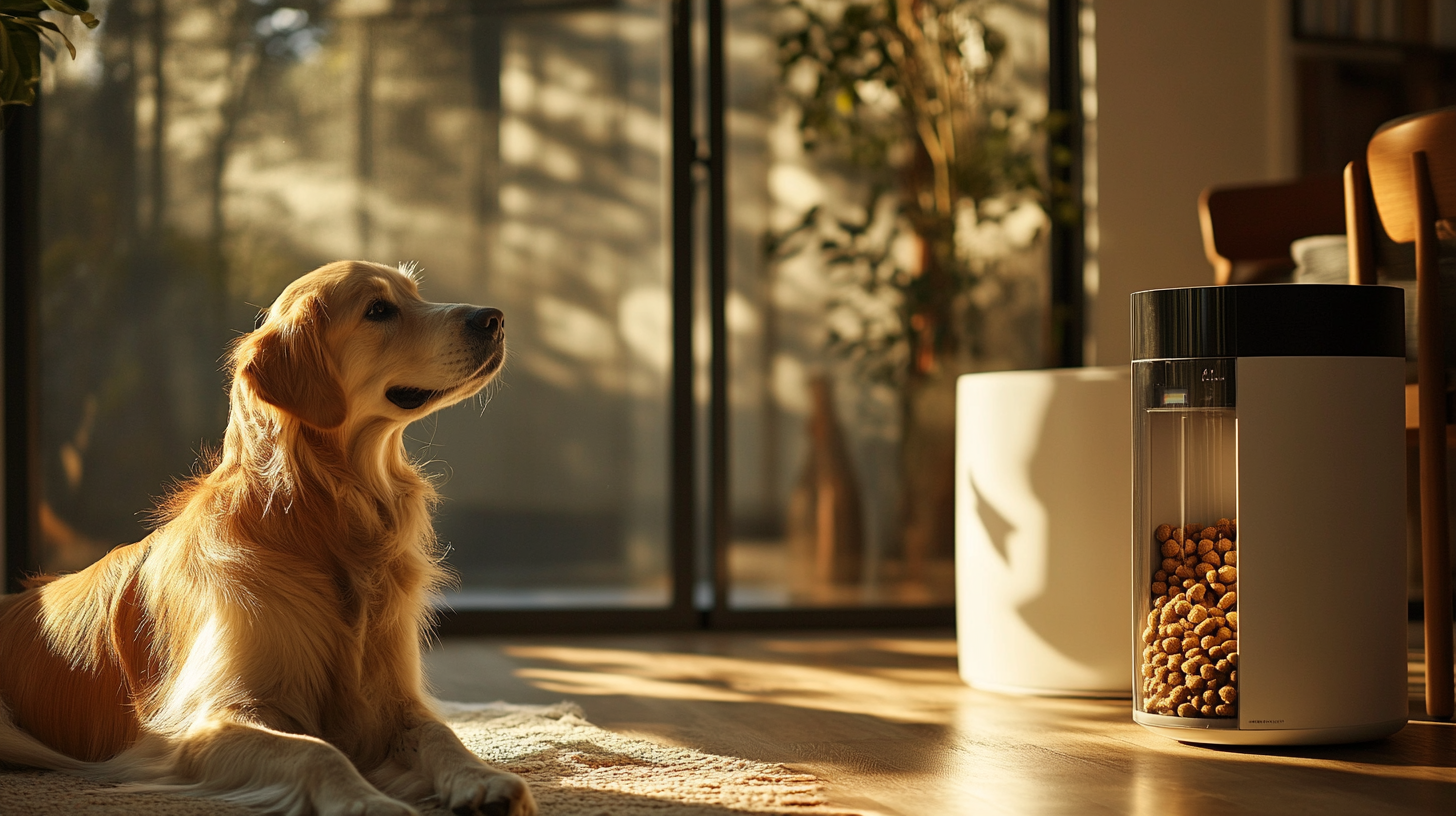 A golden retriever sitting on the floor in a warmly lit living room, looking at an automatic pet feeder filled with dog treats.