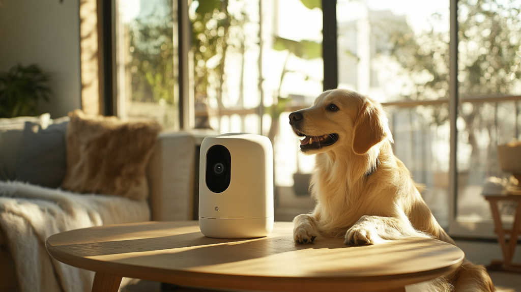 A golden retriever sitting with its paws on a wooden table, next to a modern pet camera and treat dispenser in a cozy living room.