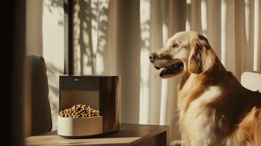 A golden retriever sitting in a living room, looking at an automatic pet feeder filled with kibble on a wooden table.