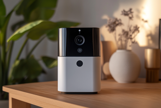 Modern pet camera with a sleek design placed on a wooden table, surrounded by decorative plants and vases in the background.