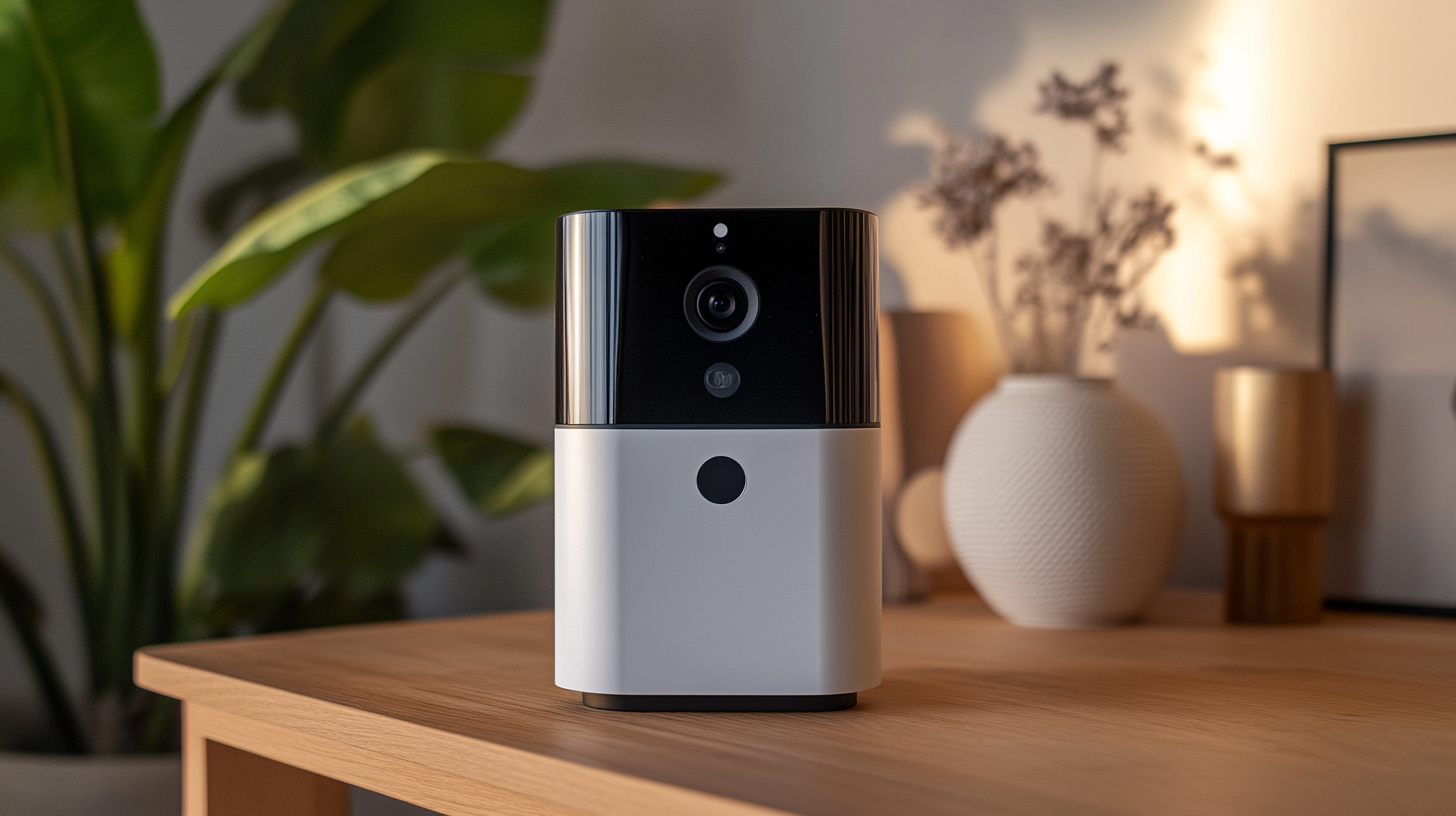 Modern pet camera with a sleek design placed on a wooden table, surrounded by decorative plants and vases in the background.