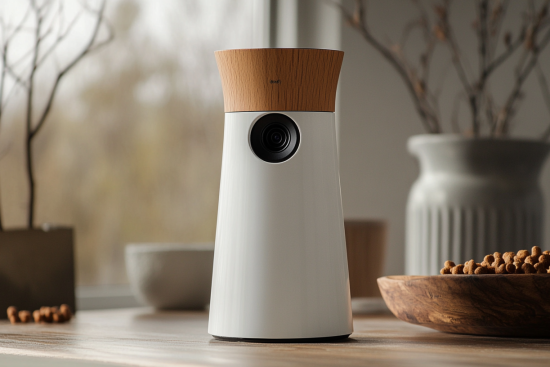 Stylish pet camera with a white conical design and wooden top, positioned on a table with decorative bowls and vases in the background.