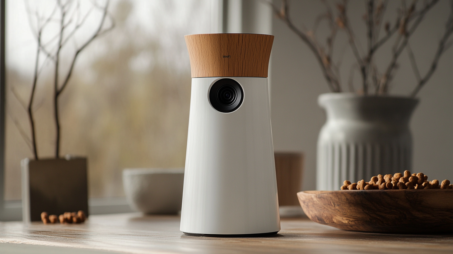 Stylish pet camera with a white conical design and wooden top, positioned on a table with decorative bowls and vases in the background.