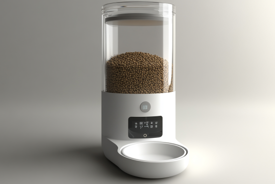 Automated pet feeder with a transparent food container, digital control panel, and integrated feeding bowl on a minimalist background.