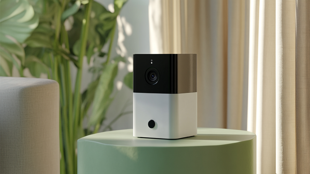 Smart home camera with a black and white design placed on a green table, surrounded by indoor plants and natural lighting.