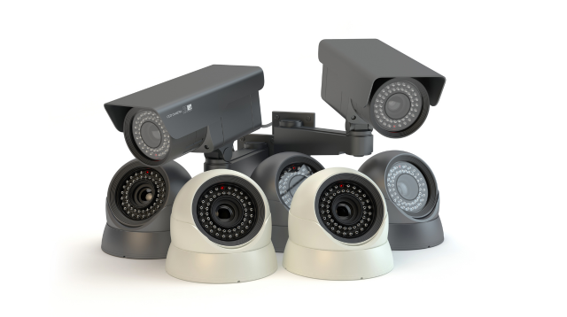 Five different indoor security cameras are displayed on a white surface.