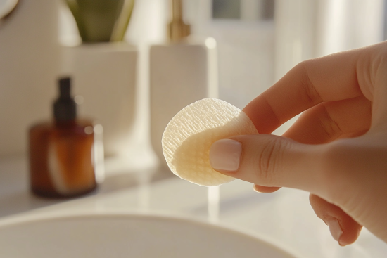 A close-up of a hand holding a cotton pad in a bright, minimalist bathroom setting.