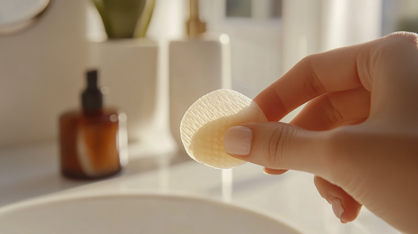 A close-up of a hand holding a cotton pad in a bright, minimalist bathroom setting.