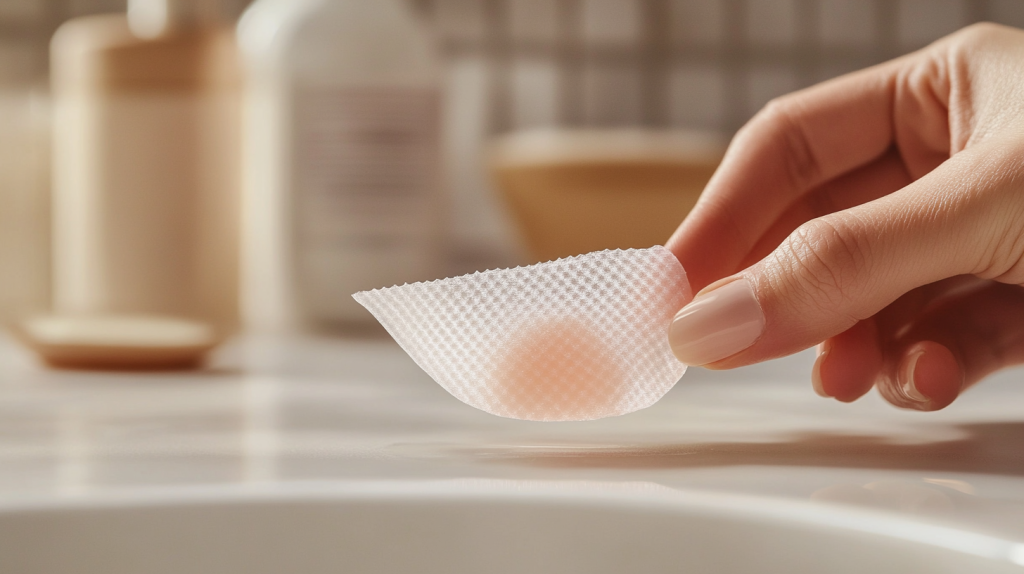 A close-up of a hand holding a textured skincare patch in a bright bathroom setting.