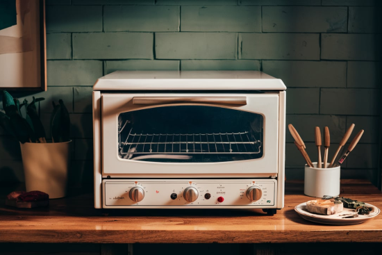 Vintage-style countertop oven on a wooden surface, surrounded by kitchen utensils and a plate of food, set against a tiled wall.