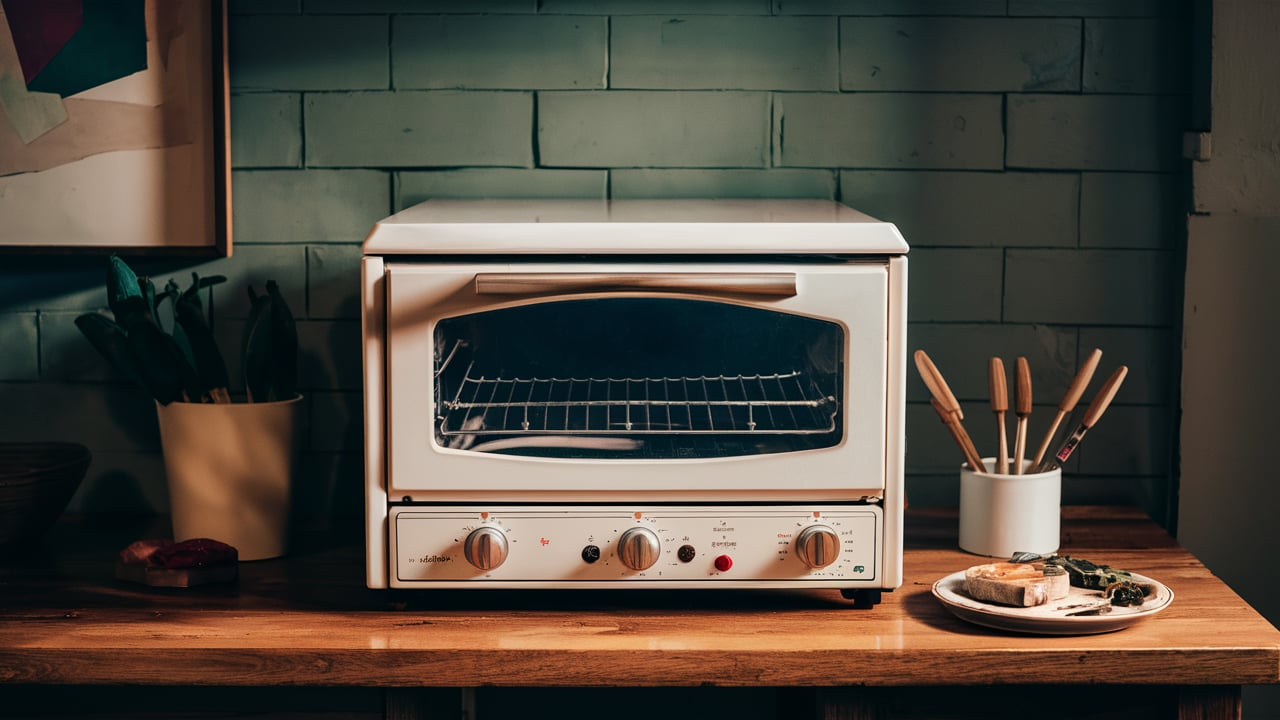 Vintage-style countertop oven on a wooden surface, surrounded by kitchen utensils and a plate of food, set against a tiled wall.