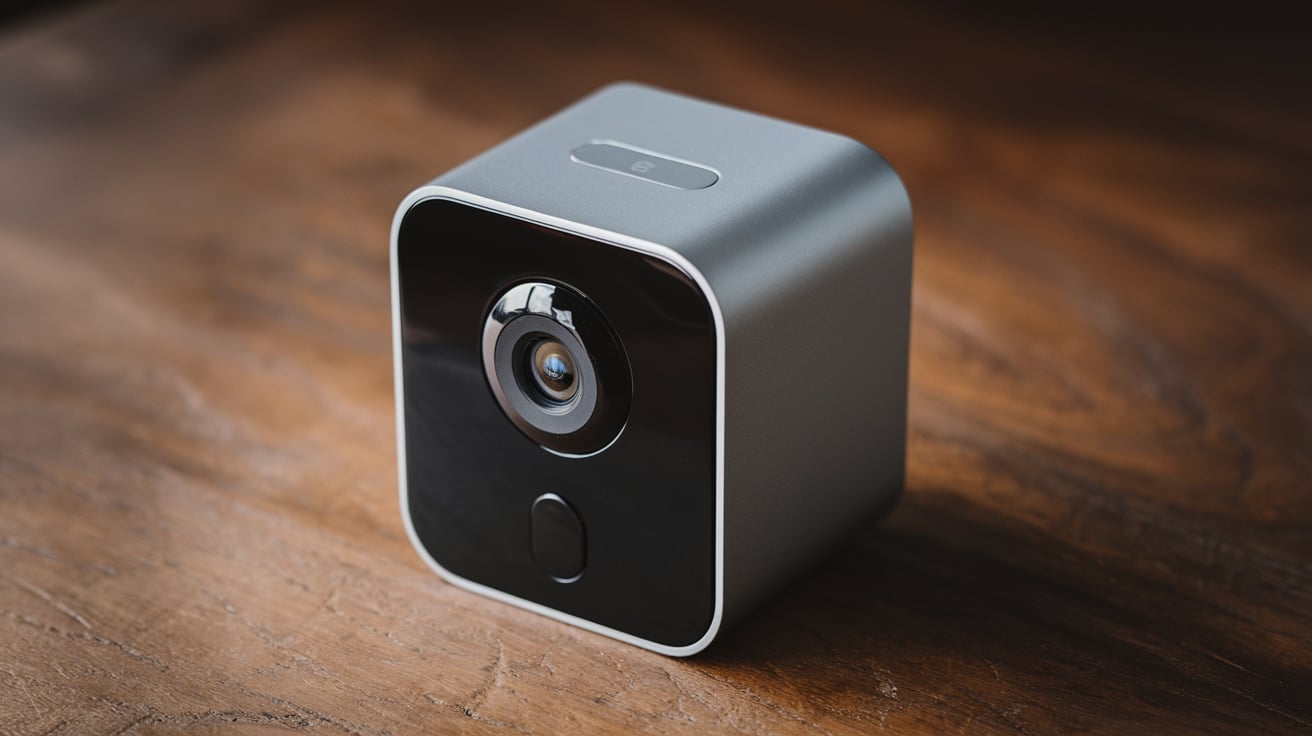 Compact, square-shaped pet camera with a glossy black front and metallic finish, placed on a wooden surface.