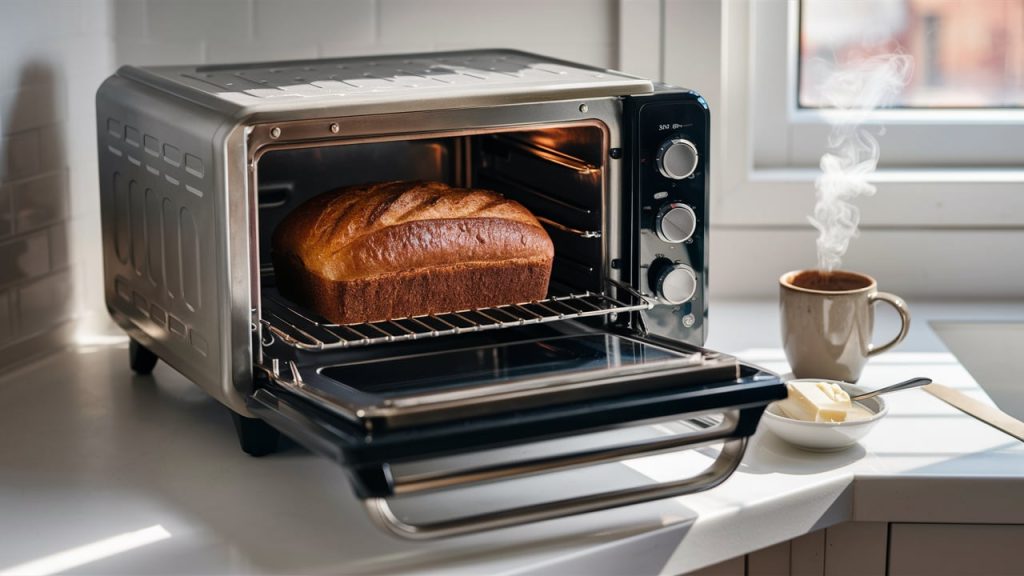 Freshly baked loaf of bread inside a countertop oven, with a steaming cup of coffee and a plate of butter on a kitchen counter.