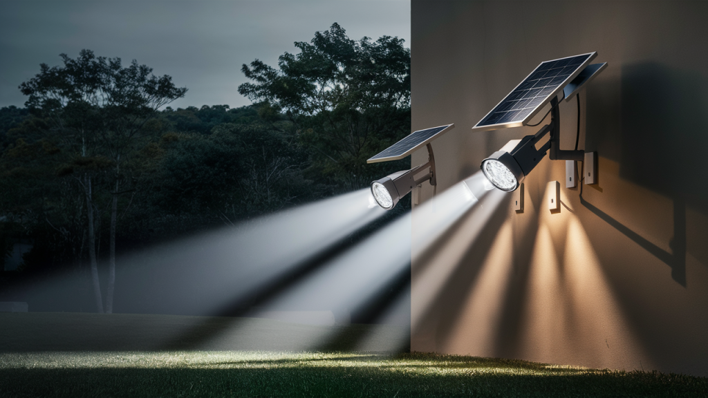 Pair of solar-powered LED spotlights mounted on a wall, projecting bright beams of light onto the lawn at night with trees in the background.