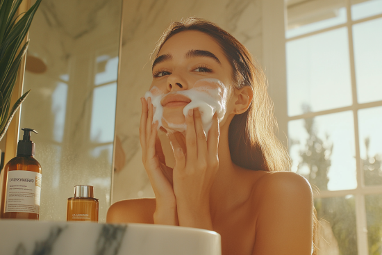 A woman gently washing her face with foaming cleanser in a sunlit bathroom.