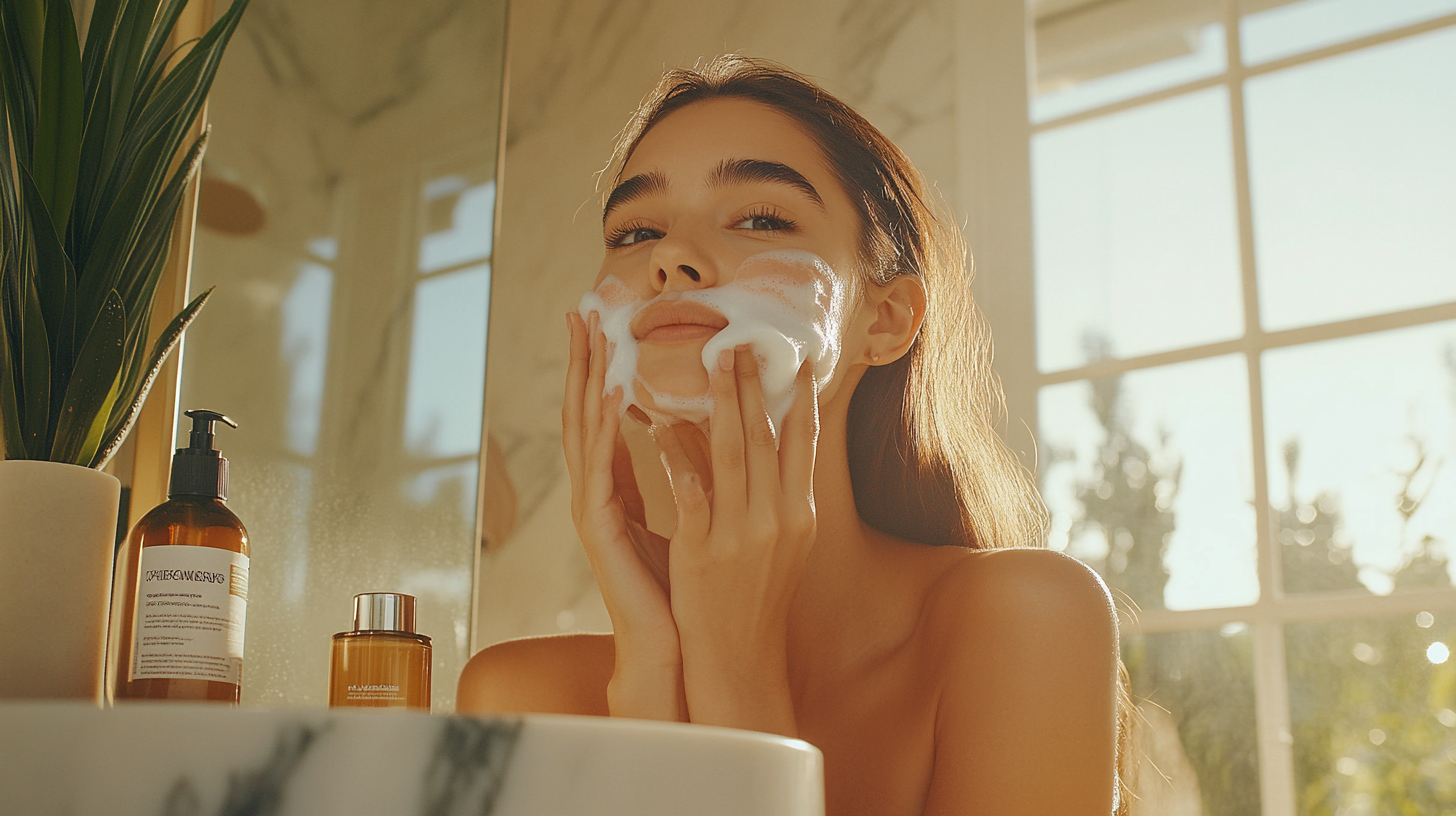 A woman gently washing her face with foaming cleanser in a sunlit bathroom.