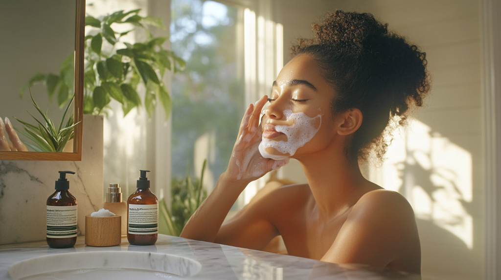 A woman applying foaming facial cleanser in a bright bathroom with plants and skincare products on the counter.