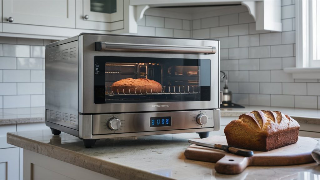 Modern countertop oven baking a loaf of bread, with another loaf resting on a cutting board next to a knife on the kitchen counter.