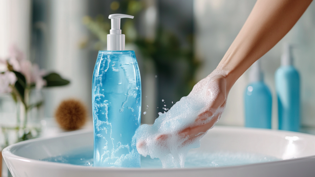 A hand lathering foam from a blue liquid soap bottle placed in a white bowl, with more blue bottles and floral decor in the blurred background.