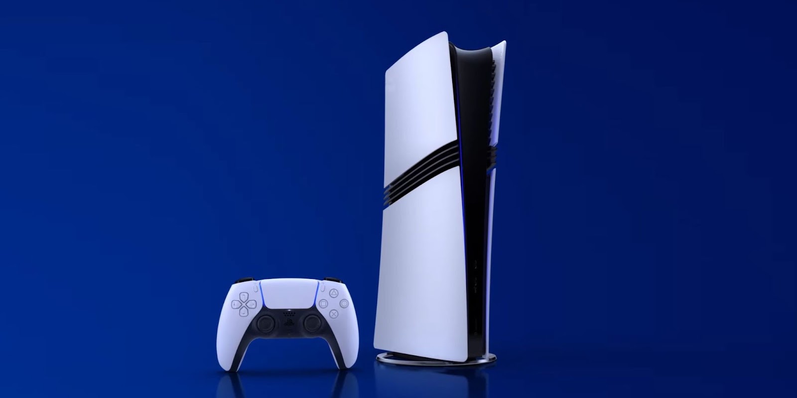 A PlayStation 5 console standing upright beside a DualSense controller, set against a dark blue background.