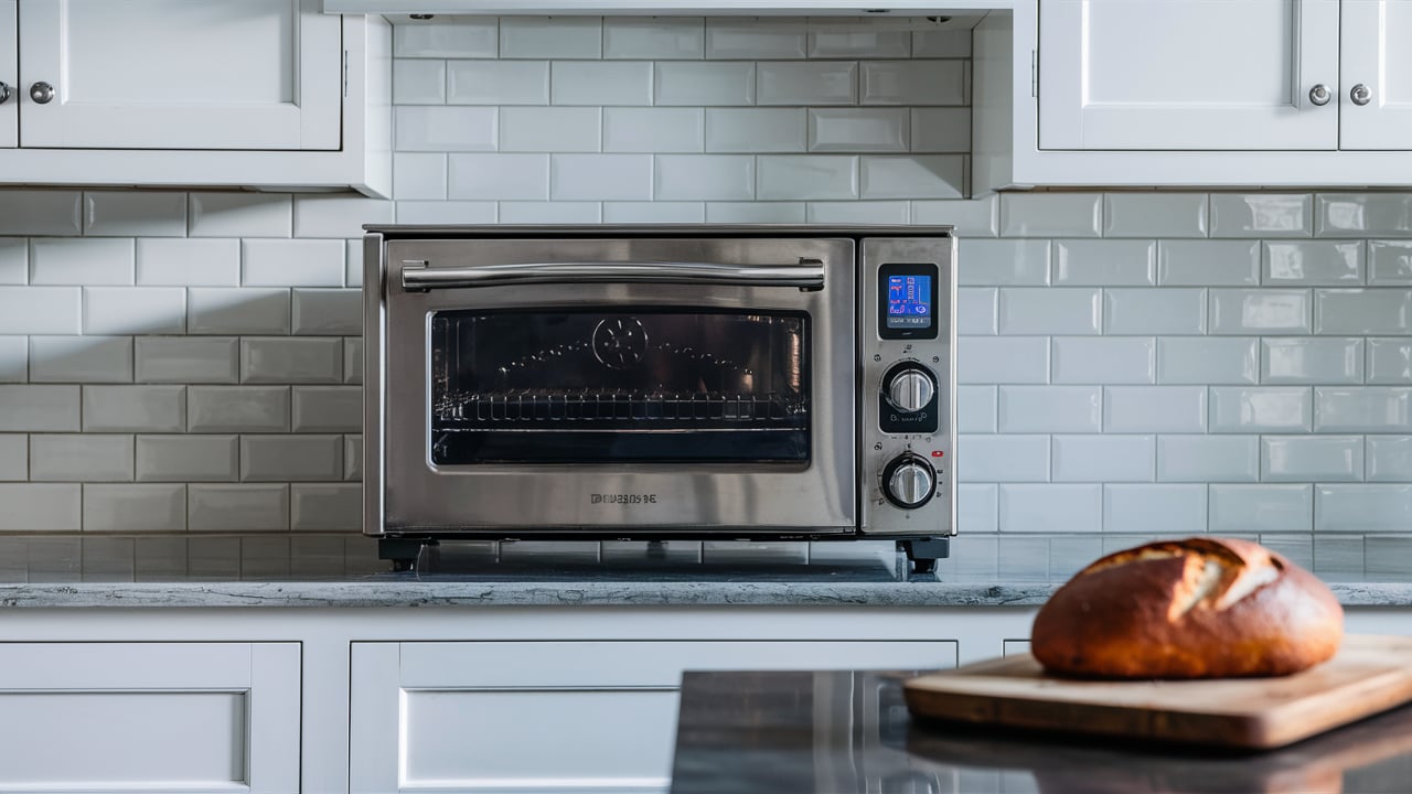 Stainless steel countertop oven on a marble countertop in a white kitchen, with a loaf of bread on a cutting board in the foreground.