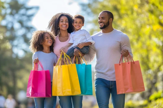 A happy family walking outdoors, holding colorful shopping bags, symbolizing a successful shopping experience. The image represents discovering top products and bestsellers on Amazon, perfect for families looking for great deals.